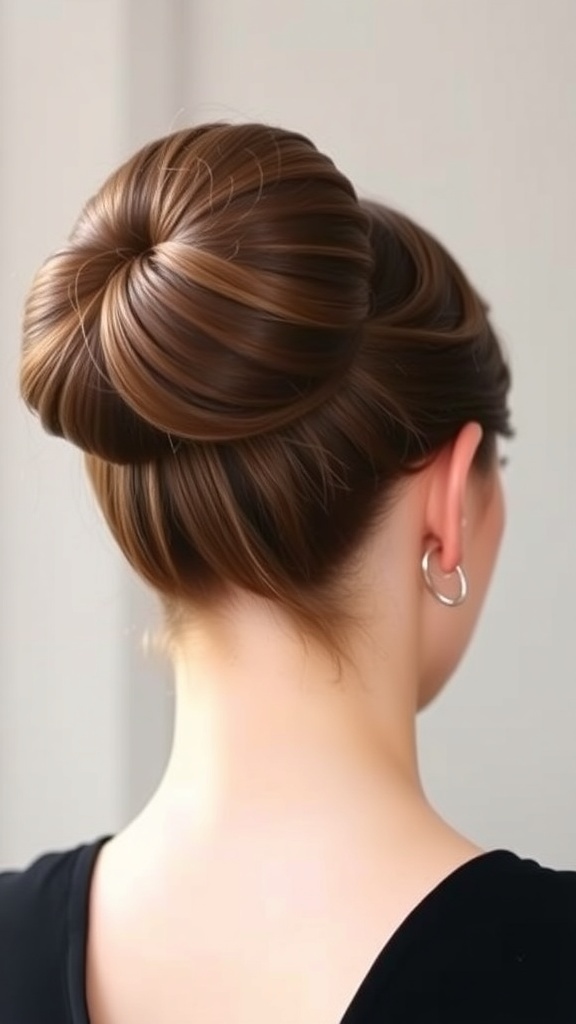 A model showcasing a donut bun hairstyle with loose strands framing the face.